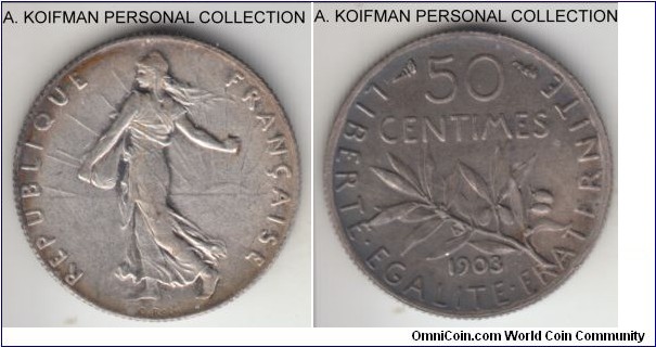 KM-854, 1903 France 50 centimes; silver, reeded edge; obverse is extra fine or about and reverse is toned about uncirculated, scarcer year.