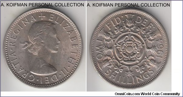 KM-905, 1964 Great Britain florin (2 shillings); copper nickel, reeded edge; lte Elizabeth II issue, good average uncirculated.