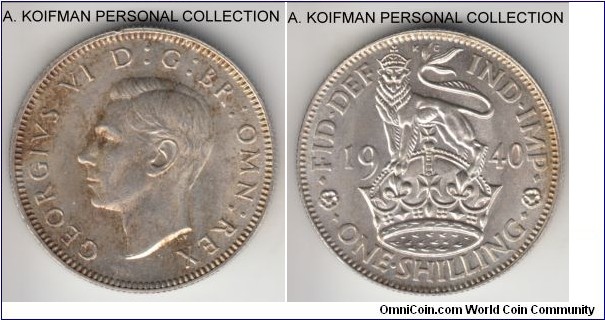 KM-853, 1940 Great Britain shilling, English crest; silver, reeded edge; average uncirculated but unattractively toned obverse that stands out on the scan, nicer in hand.