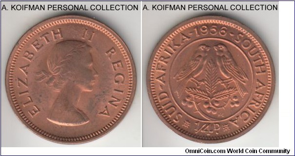 KM-44, 1956 South Africa farthing (1/4 penny); bronze, plain edge; average red brown, mostly red, uncirculated.