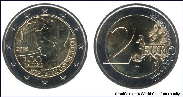 Austria, 2 euro, 2018, Cu-Ni-Ni-Brass, bimetallic, 25.75mm, 8.5g, 100th Anniversary of the Republic of Austria.