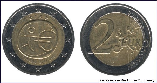 Ireland, 2 euro, 2009, Cu-Ni-Ni-Brass, bi-metallic, 25.75mm, 8.5g, AEA 1999-2009 EMU, 10th Anniversary of the European Monetary Union.