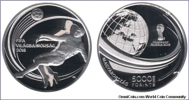 Hungary, 5000 forint, 2018, Ag, 30mm, 12.5g, XXI. World Soccer Championship, Russia.