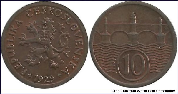 Ceskoslovenska 10 Haleru 1929 (Rare date)