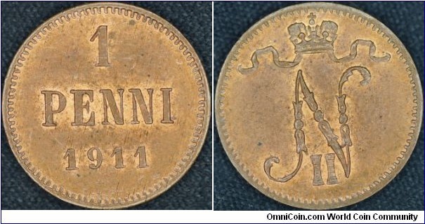 Copper 1 penni minted for Finland.
