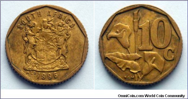 South Africa 10 cents.
1996, English legend.