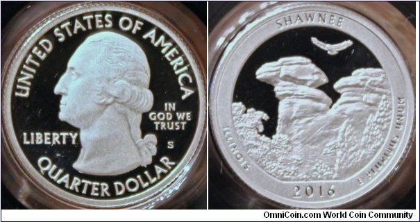 The Shawnee National Forest, IL, America the Beautiful Quarters series. The design depicts a close view of Camel Rock with natural vegetation in the foreground and a red-tailed hawk soaring in the sky overhead. (ref. https://www.usmint.gov/coins/coin-medal-programs/america-the-beautiful-quarters/shawnee-national-forest)