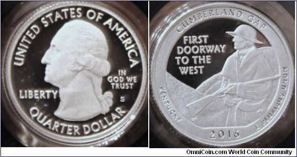 Cumberland Gap National Historical Park, KY, America the Beautiful Quarters series. The design features a frontiersman gazing across the mountains to the West. Many pioneers used Cumberland Gap on their journey into the western frontiers of Kentucky and Tennessee. 