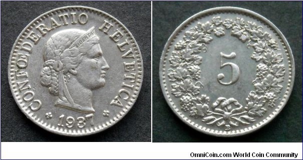 Switzerland 5 rappen.
1937 (B)