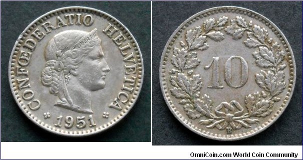Switzerland 10 rappen.
1951 (B)