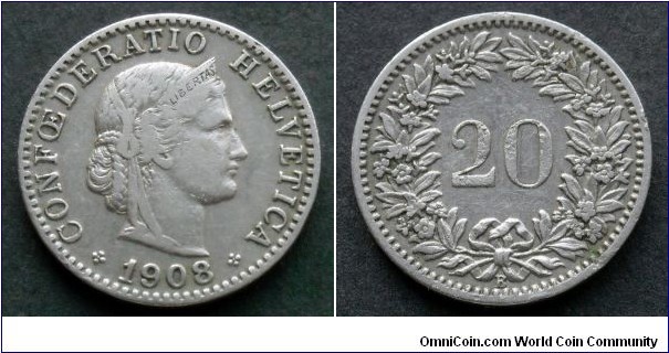 Switzerland 20 rappen.
1908 (B)