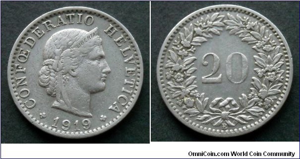 Switzerland 20 rappen.
1919 (B)