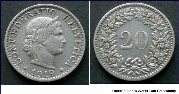 Switzerland 20 rappen.
1919 (B)