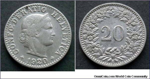 Switzerland 20 rappen.
1920 (B)