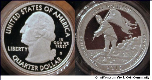 Fort Moultrie (Sumter National Monument), South Carolina. America the Beautiful State Quarters Program The design depicts Sergeant William Jasper returning the regimental flag to the ramparts while under attack from a British ship.