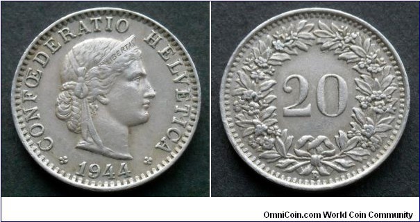 Switzerland 20 rappen.
1944 (B)