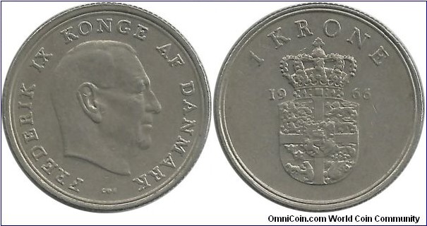 Denmark 1 Krone 1966-Frederik IX
