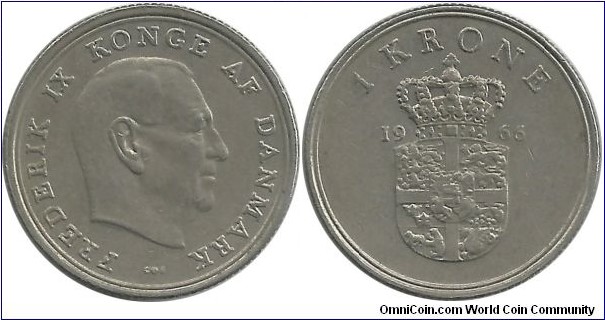 Denmark 1 Krone 1966-Frederik IX