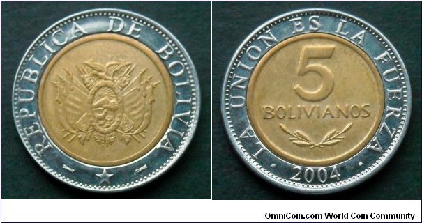 Bolivia 5 bolivianos.
2004, Bimetal.