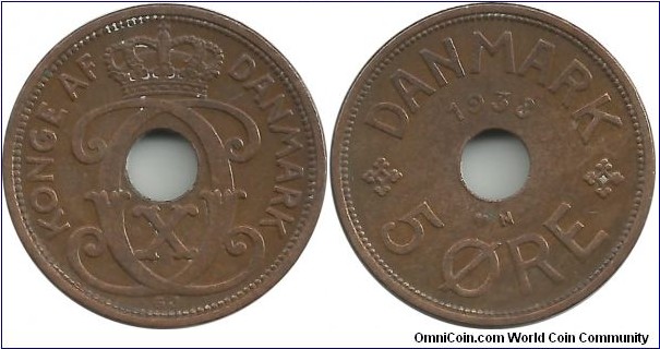 Denmark 5 Øre 1938-Christian X