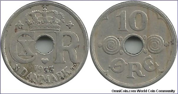 Denmark 10 Øre 1933-Christian X