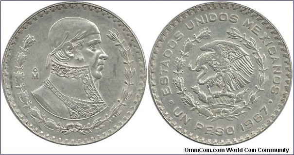 Mexico 1 Peso 1967 - Revolutionary priest José María Morelos.