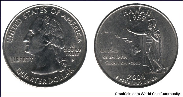 USA, 1/4 dollar, 2008, Cu-Ni, 24.26mm, 5.67g, MM: P, G. Washington, Hawaii - 1959, Ua Mau ke ba okaaina i ka pono.