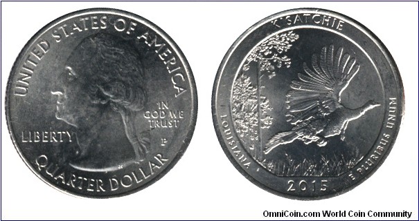 USA, 1/4 dollar, 2015, Cu-Ni, 24.26mm, 5.67g, MM: P, G. Washington, Kisatchie, Louisiana.