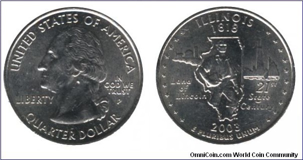 USA, 1/4 dollaR, 2003, Cu-Ni, 24.26mm, 5.67g, MM: P, G. Washington, Illionis - 1818, Land of Lincoln, 21st State Century.