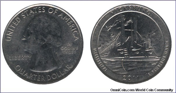 USA, 1/4 dollar, 2011, Cu-Ni, 24.26mm, 5.67g, MM: P, G. Washington, Vicksburg National Military Park, Mississippi.