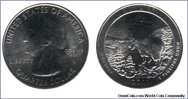 USA, 1/4 dollar, 2011, Cu-Ni, 24.26mm, 5.67g, MM: P, G. Washington, Glacier National Park, Montana.