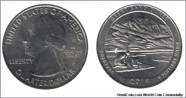 USA, 1/4 dollar, 2014, Cu-Ni, 24.26mm, 5.67g, MM: P, G. Washington, Great Sand Dunes, Colorado.