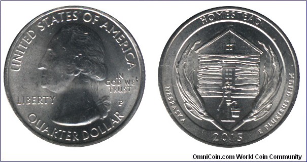 USA, 1/4 dollar, 2015, Cu-Ni, 24.26mm, 5.67g, MM: P, G. Washington, Homestead, Nebraska.