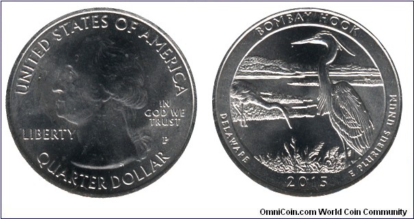 USA, 1/4 dollar, 2015, Cu-Ni, 24.26mm, 5.67g, MM: P, G. Washington, Bombay Hook, Delaware.