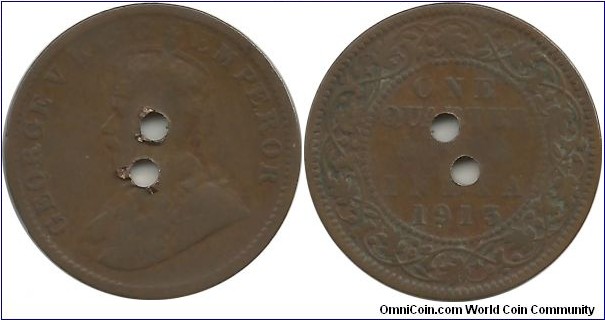 India-British ¼ Anna 1913 - 2 Punch Holes