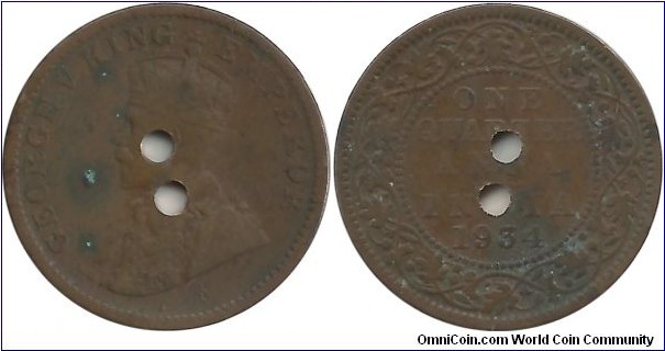 India-British ¼ Anna 1934 - 2 Punch Holes