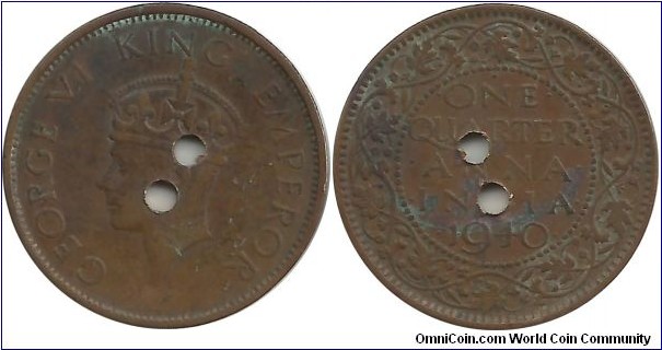 India-British ¼ Anna 1940(B) - 2 Punch Holes