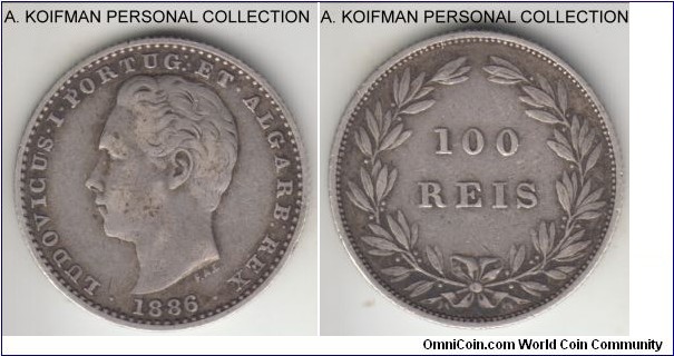 KM-510, 1886 Portugal 100 reis; silver, reeded edge; very fine or about, common year.