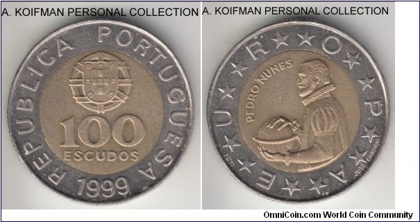 KM-645.1, 1999 Portugal 100 escudos; bi-metallic, segment reeded edge; business strike, toned about uncirculated.