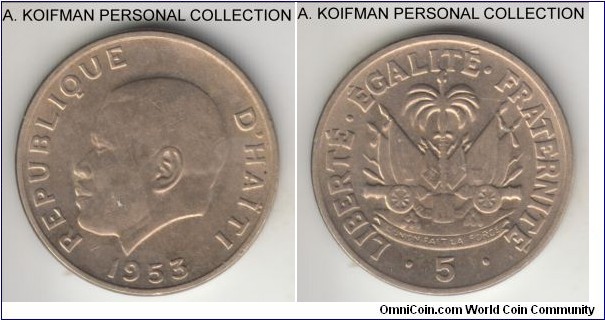 KM-59, 1953 Haiti 5 centimes, Philadelphia mint (USA); copper-nickel, plain edge; one year type, average uncirculated, toned.