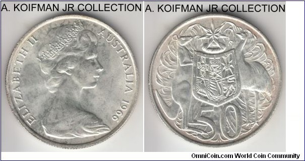 KM-67, 1966 Australia 50 cents; silver, reeded edge; Elizabeth II, first year of decimal circulation and one year type, choice uncirculated condition, light toning.