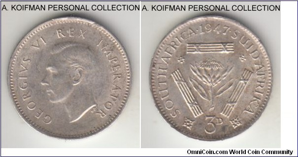 KM-26, 1947 South Africa (Dominion) 3 pence; silver, plain edge; business strike, last year of the type, uncirculated for wear but weakly struck as was common of this issue during the war and after, toned too.