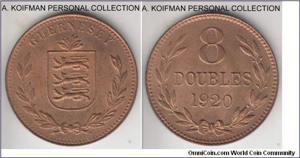 KM-14, 1920 Guernsey 8 doubles, Heaton mint (H mintmark); bronze, plain edge; rather common year, red uncirculated.