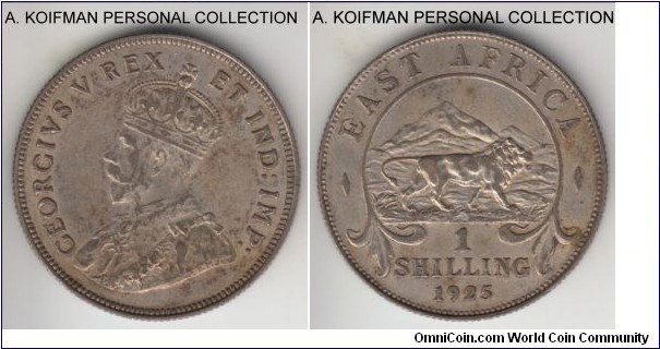 KM-21, 1925 East Africa shilling, Royal mint (no mint mark); silver, reeded edge; last year of George V mintage, on any other silver coin I would call it a very fine, but given a low silver content of this type (0.250 only), this is closer to the extra fine.