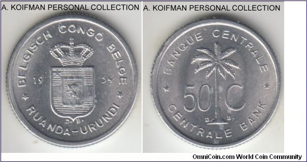KM-2, 1954 Belgian Congo - Ruanda-Urundi 50 centimes; aluminum, reeded edge; average uncirculated, a few toning spots on reverse.