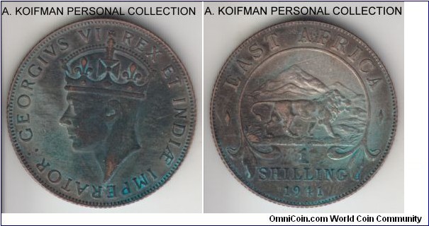 KM-28.1, 1941 East Africa shilling, Bombay mint (I mint mark); silver, reeded edge; George VI, low content silver, dark toned, this is a more common variety of the type minted during the World War II, very fine or about for the type.