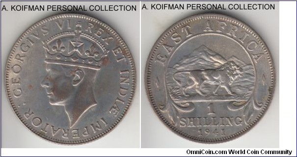 KM-28.2, 1941 East Africa shilling, Bombay mint (I mint mark); silver, reeded edge; George VI, low content silver, this is a scarcer (rare?) variety of the type minted during the World War II, about uncirculated, few spots.