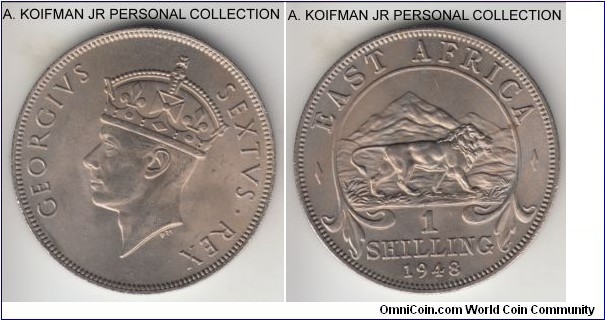 KM-31, 1948 East Africa shilling, Royal mint (London, no mint mark); copper-nickel, reeded edge; George VI nice good uncirculated specimen.