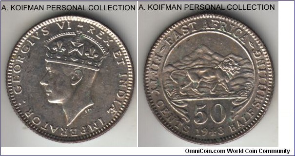 KM-27, 1943 East Africa 50 cents, Bombay mint (I mint mark); silver, reeded edge; nice bright uncirculated, less common year of the type.