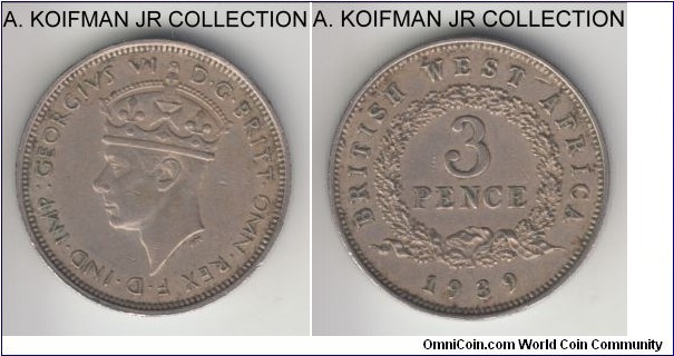 KM-21, 1939 British West Africa 3 pence, Heaton mint (H mint mark); copper-nickel, security edge; George VI, very fine to good very fine.